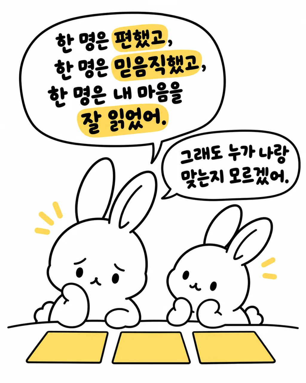 토끼 두 마리가 종이 위에 적힌 질문을 보며 내가 편한 방식이 무엇인지 고민하는 모습
