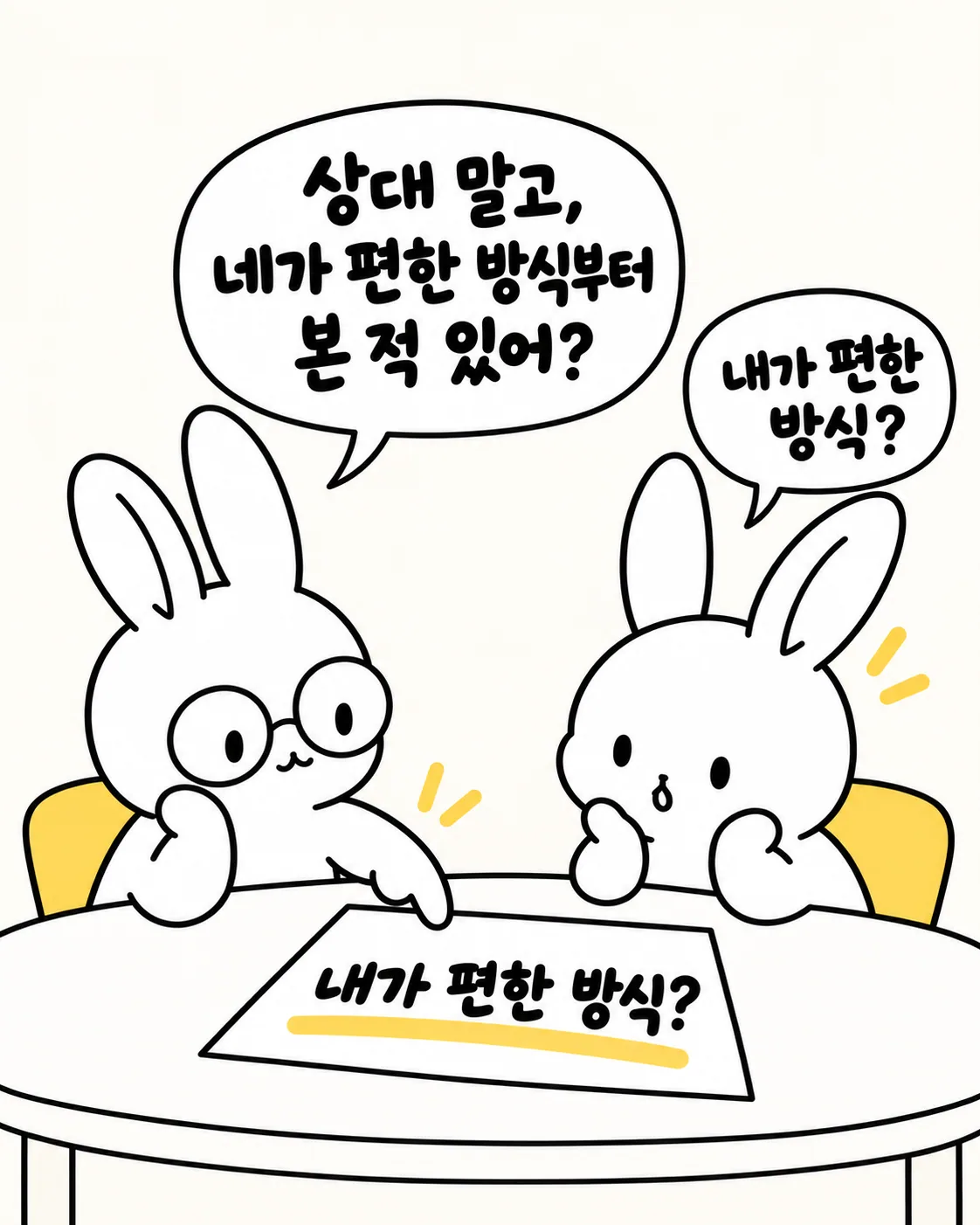 안경 쓴 토끼가 종이를 가리키며 내가 편한 방식에 대해 질문하는 모습