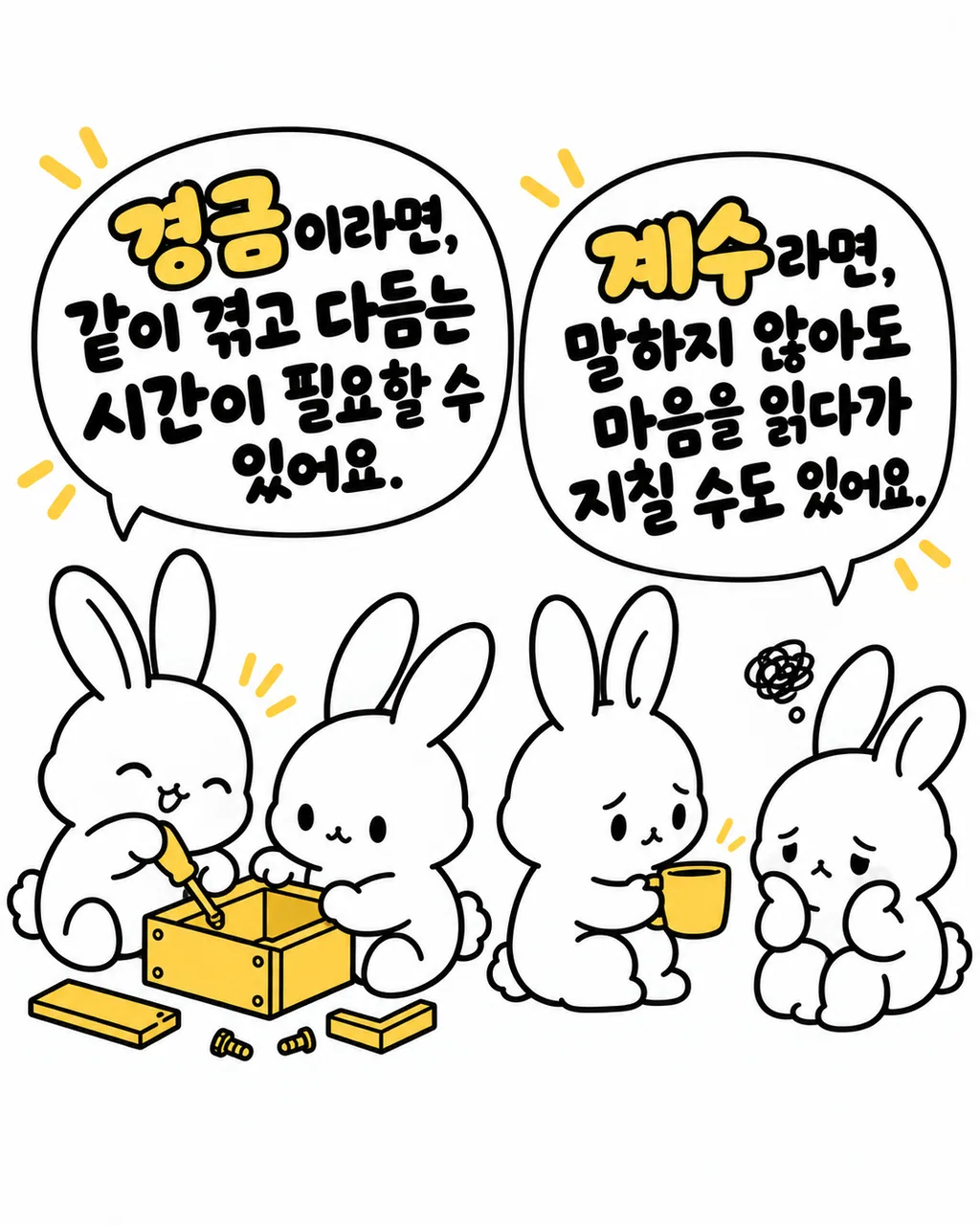 토끼들이 도구를 사용해 상자를 조립하거나 차를 마시며 고민하는 모습