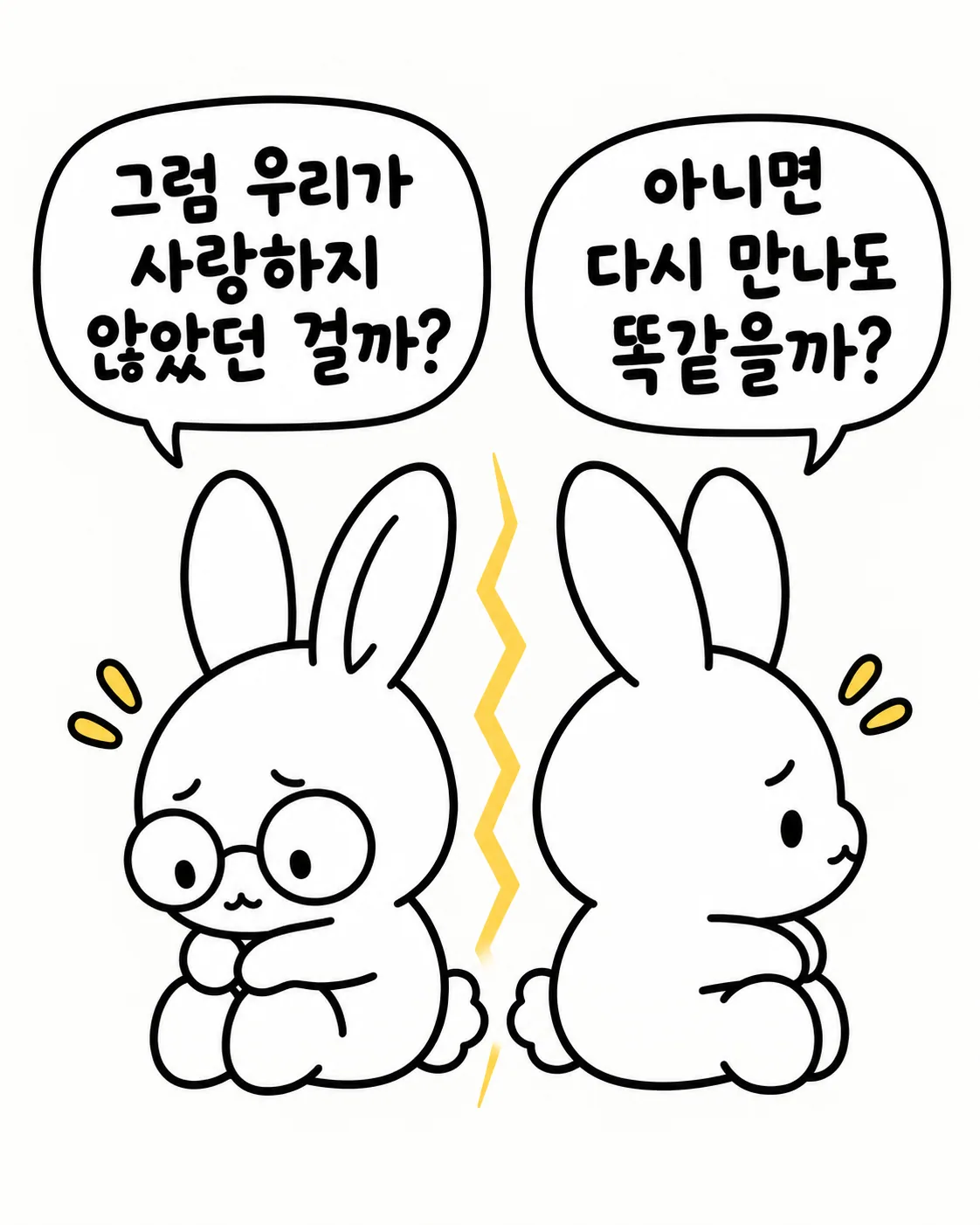 등을 돌리고 앉아 우리가 사랑했는지, 다시 만나도 똑같을지 고민하는 두 토끼의 모습
