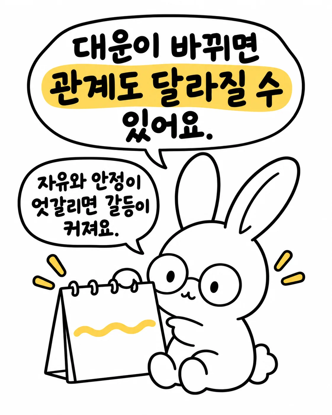 달력을 보며 대운이 바뀌면 관계도 달라질 수 있다고 생각하는 안경 쓴 토끼