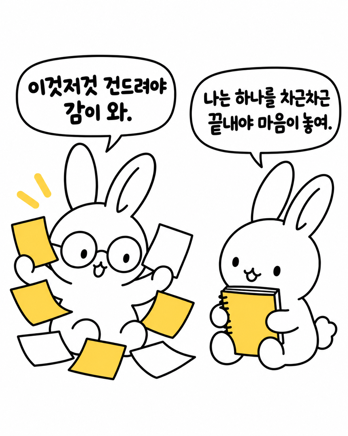 노란 메모지를 든 토끼와 노트를 든 토끼가 서로 다른 방식으로 감을 잡는 모습