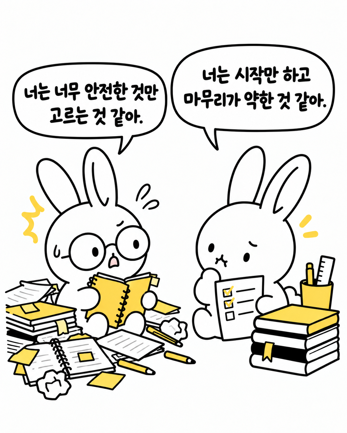 책상에서 공부하다 서로의 방식에 대해 의견을 나누는 토끼들
