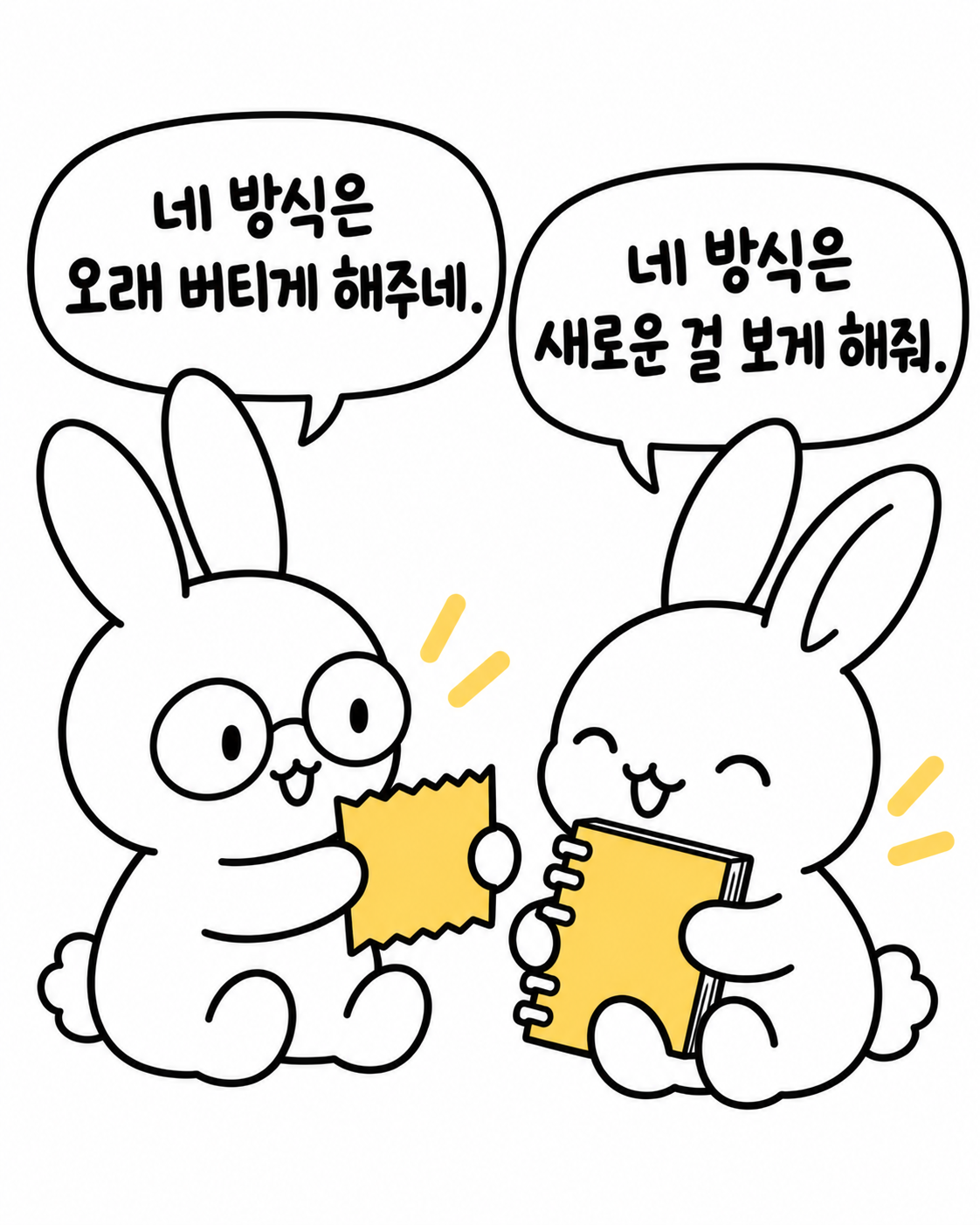 노트와 서류를 맞교환하며 서로의 방식이 좋다고 말하는 토끼들