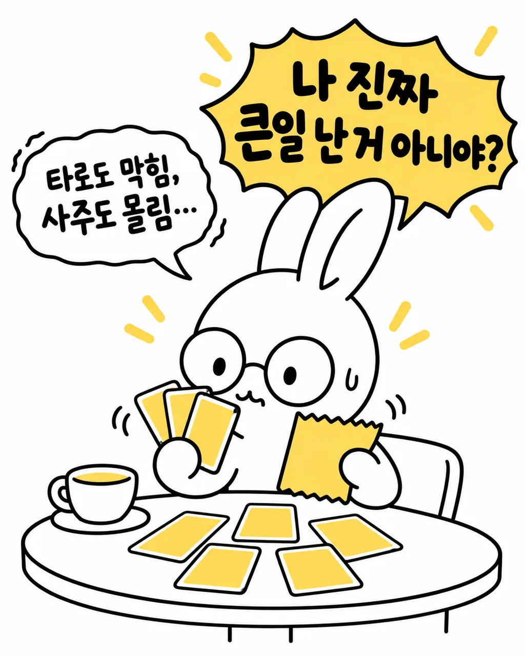 안경을 쓴 토끼가 카드를 손에 쥐고 큰일이 난 것은 아닌지 걱정하며 당황하는 모습