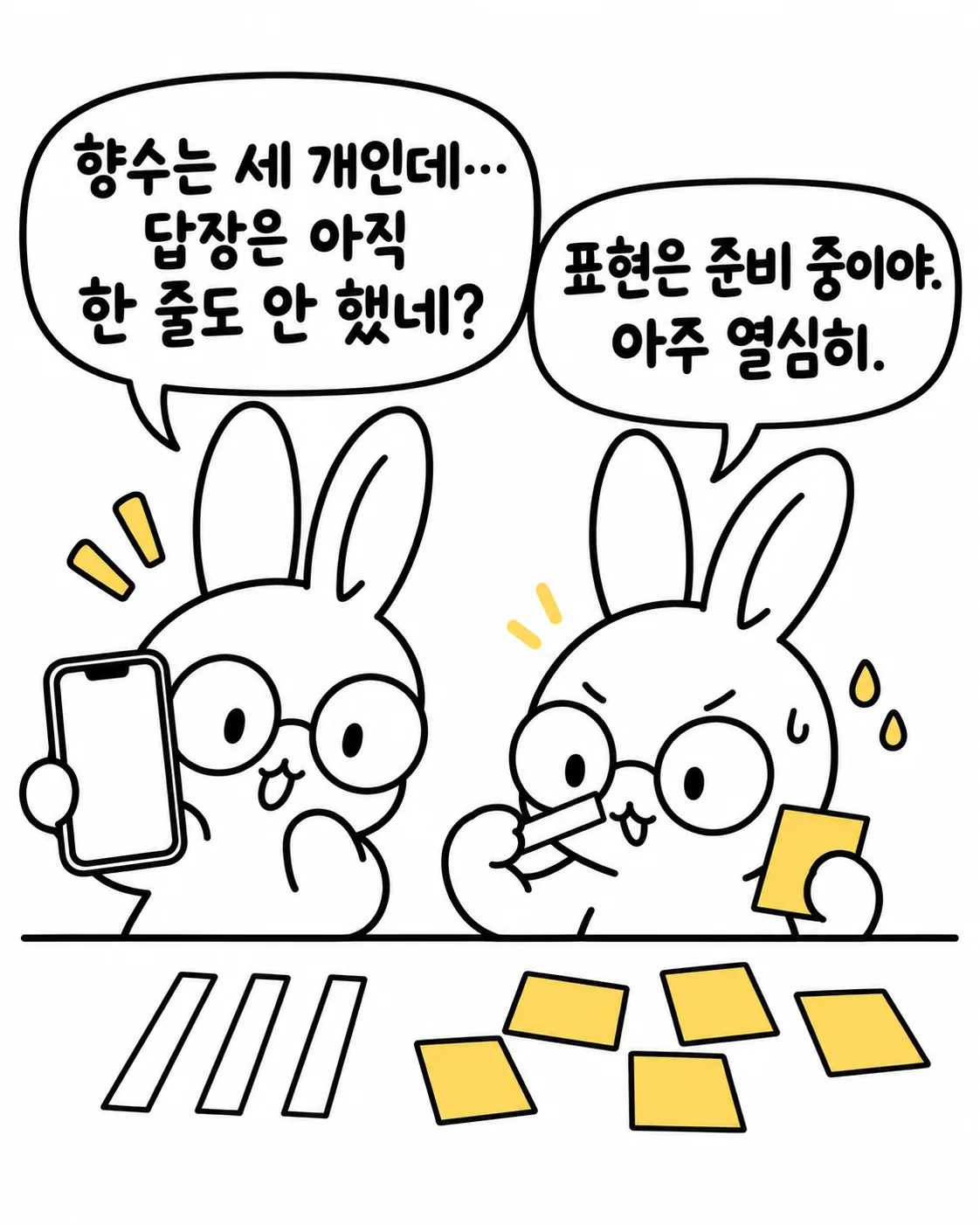 두 토끼가 스마트폰과 시향지를 든 채로 바쁘게 무언가를 준비하며 표현을 고민하는 장면