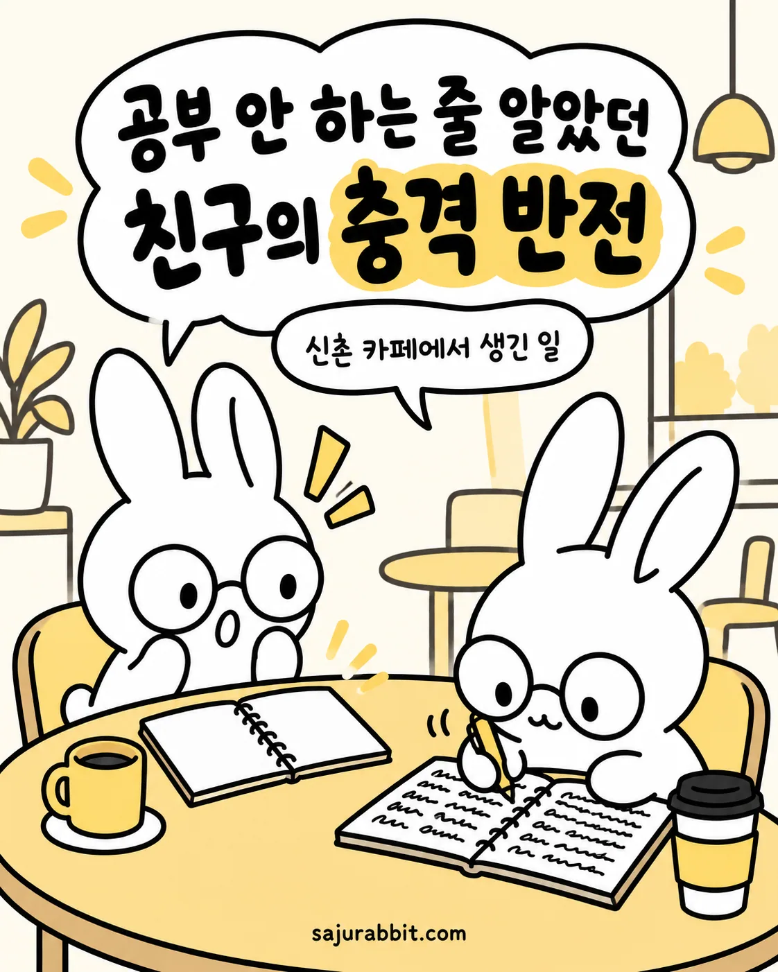 안경을 쓴 토끼 두 마리가 카페에서 공부하는 모습 위에 공부 안 하는 줄 알았던 친구의 충격 반전이라는 글자가 적혀 있음