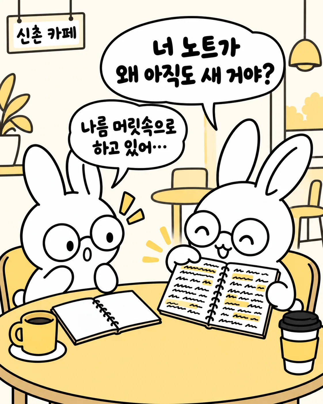 신촌 카페라는 팻말 아래에서 한 토끼가 새 노트인 친구에게 너 노트가 왜 아직도 새 거냐고 묻고 다른 토끼가 머릿속으로 하고 있다고 답하는 장면