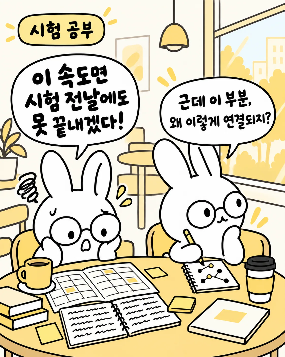 시험 공부를 하며 이 속도면 큰일이라고 당황하는 토끼와 연결 고리를 고민하며 노트를 정리하는 토끼의 모습