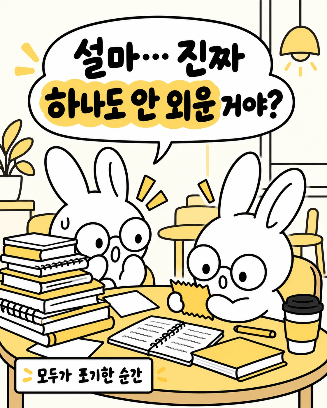 책이 높게 쌓인 테이블 앞에서 모두가 포기한 순간처럼 고민하는 토끼와 노트를 보고 있는 토끼의 모습