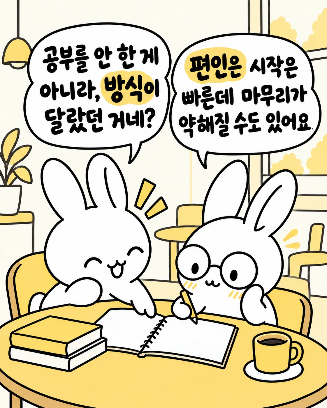공부를 안 한 게 아니라 방식이 달랐음을 깨닫고 즐겁게 공부하는 토끼들의 모습