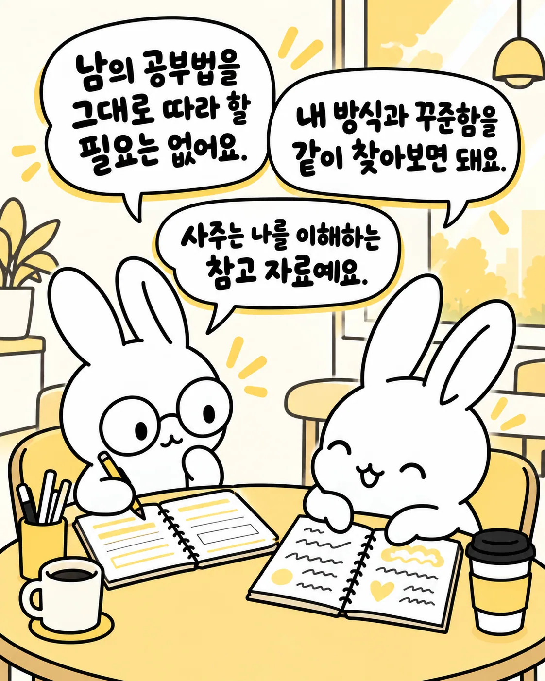 두 토끼가 카페에 앉아 남의 공부법을 따라 할 필요 없다는 이야기를 나누는 모습