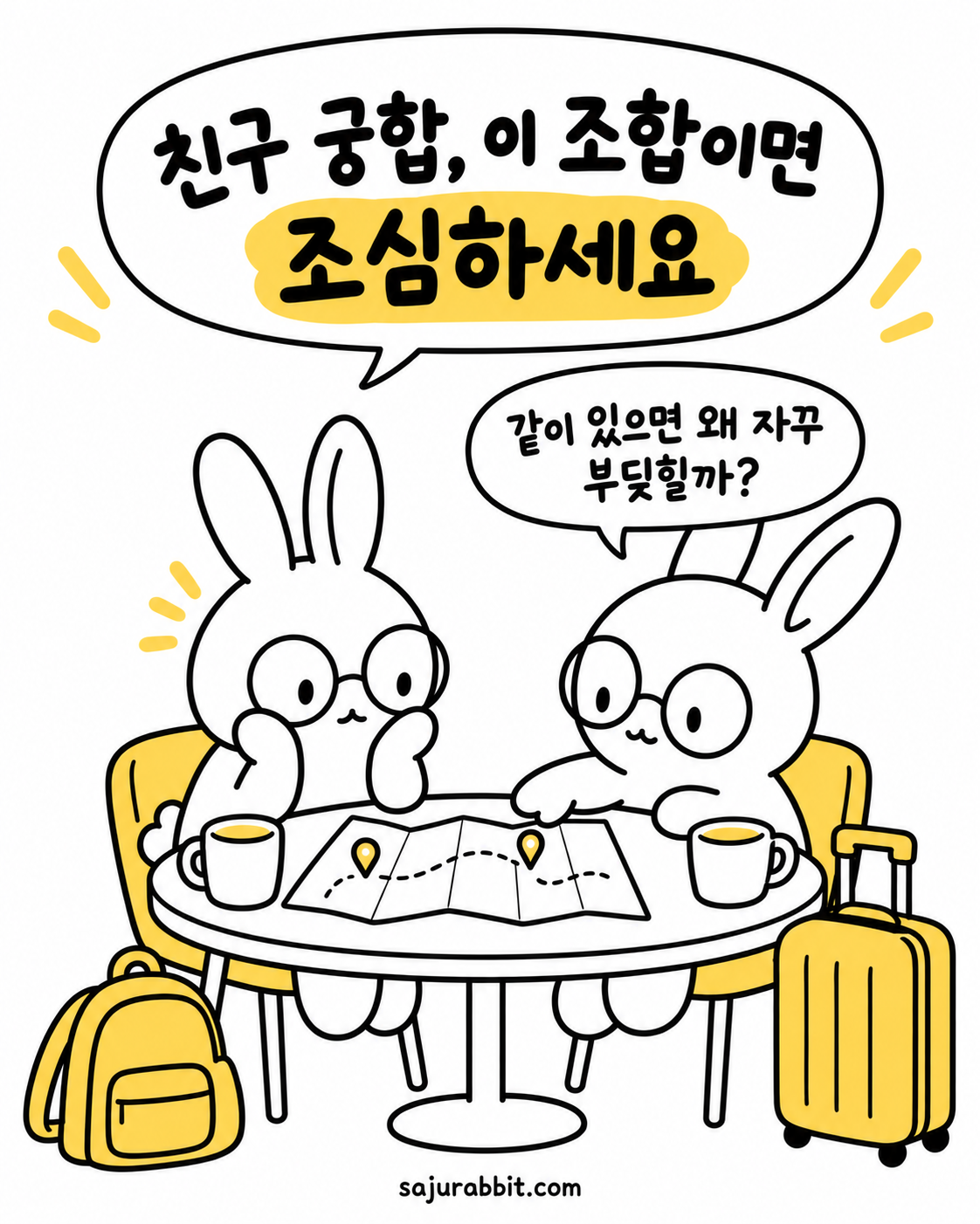 탁자에 앉아 여행 지도를 펼쳐두고 고민하는 두 마리 토끼 캐릭터