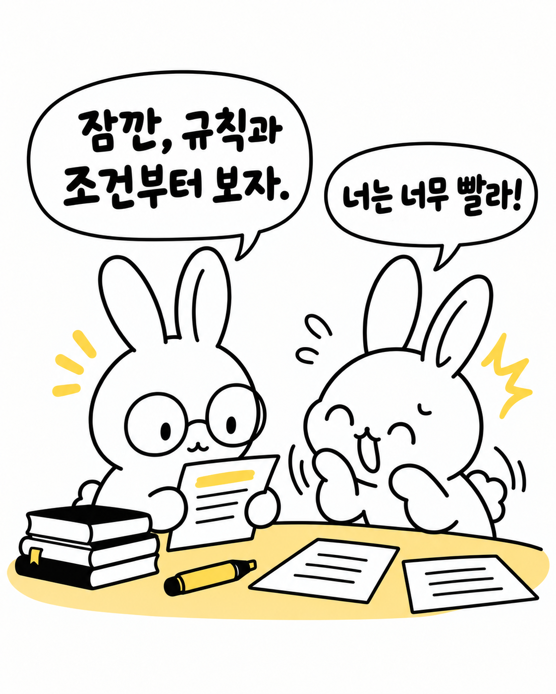 책상에서 규칙과 조건을 따지며 신중하게 계획을 세우는 토끼