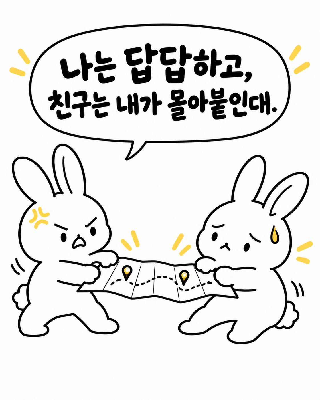 지도 위에서 서로 다른 방향으로 당기며 갈등하는 두 토끼
