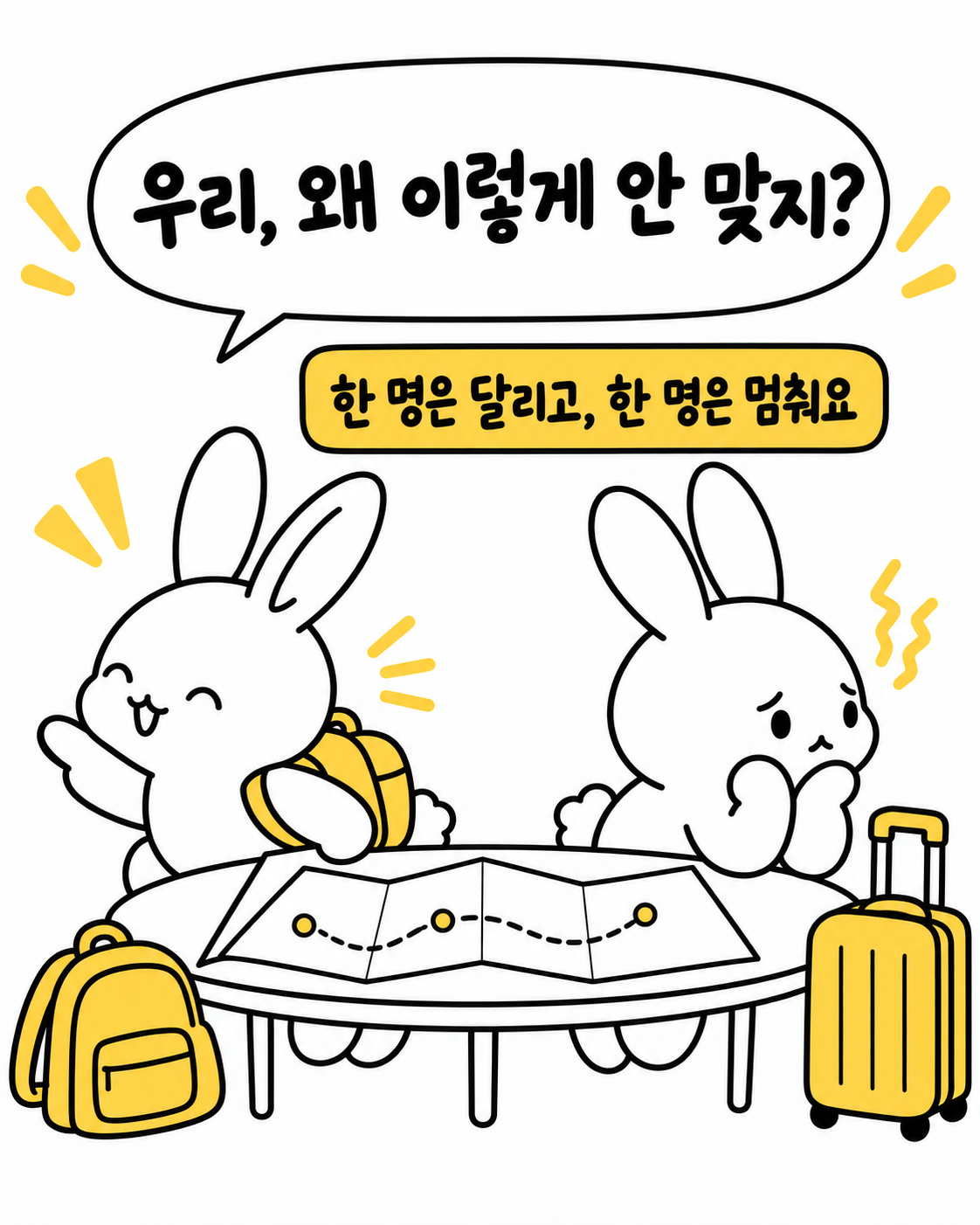 서로 다른 속도로 여행을 준비하며 지친 두 토끼