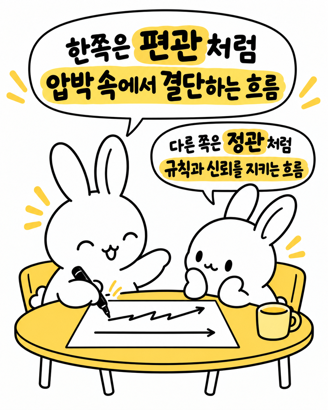 서로의 성향을 이해하고 함께 계획을 조정하는 토끼들