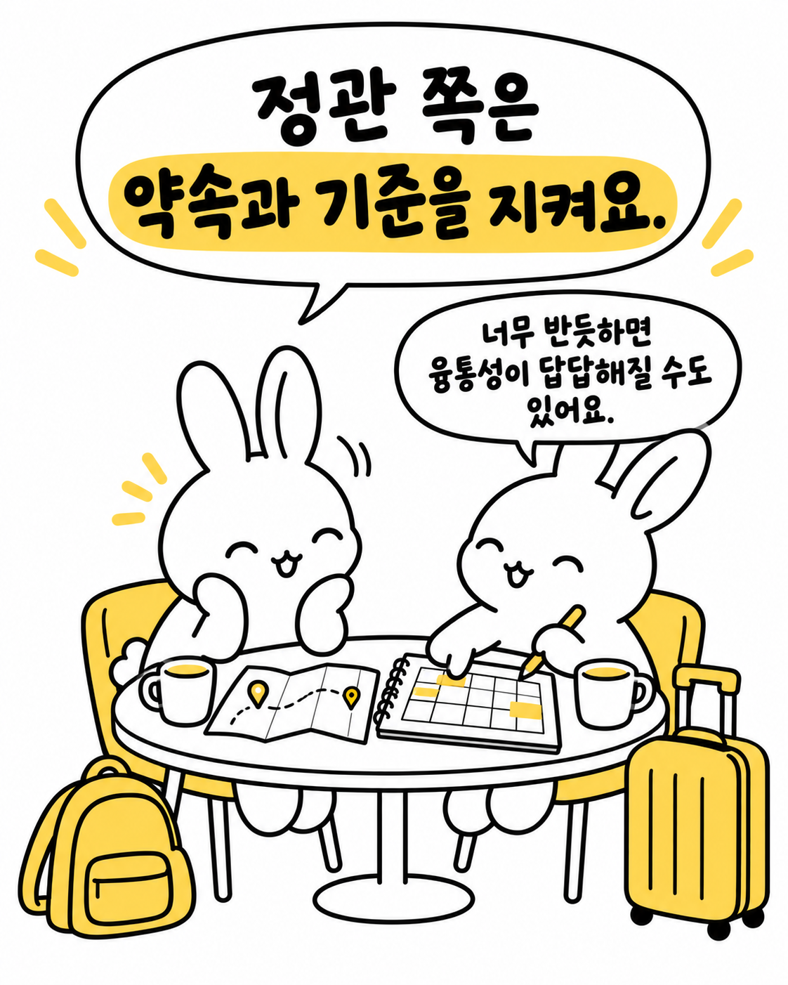 서로 의견을 나누며 달력에 일정을 꼼꼼히 기록하는 토끼들
