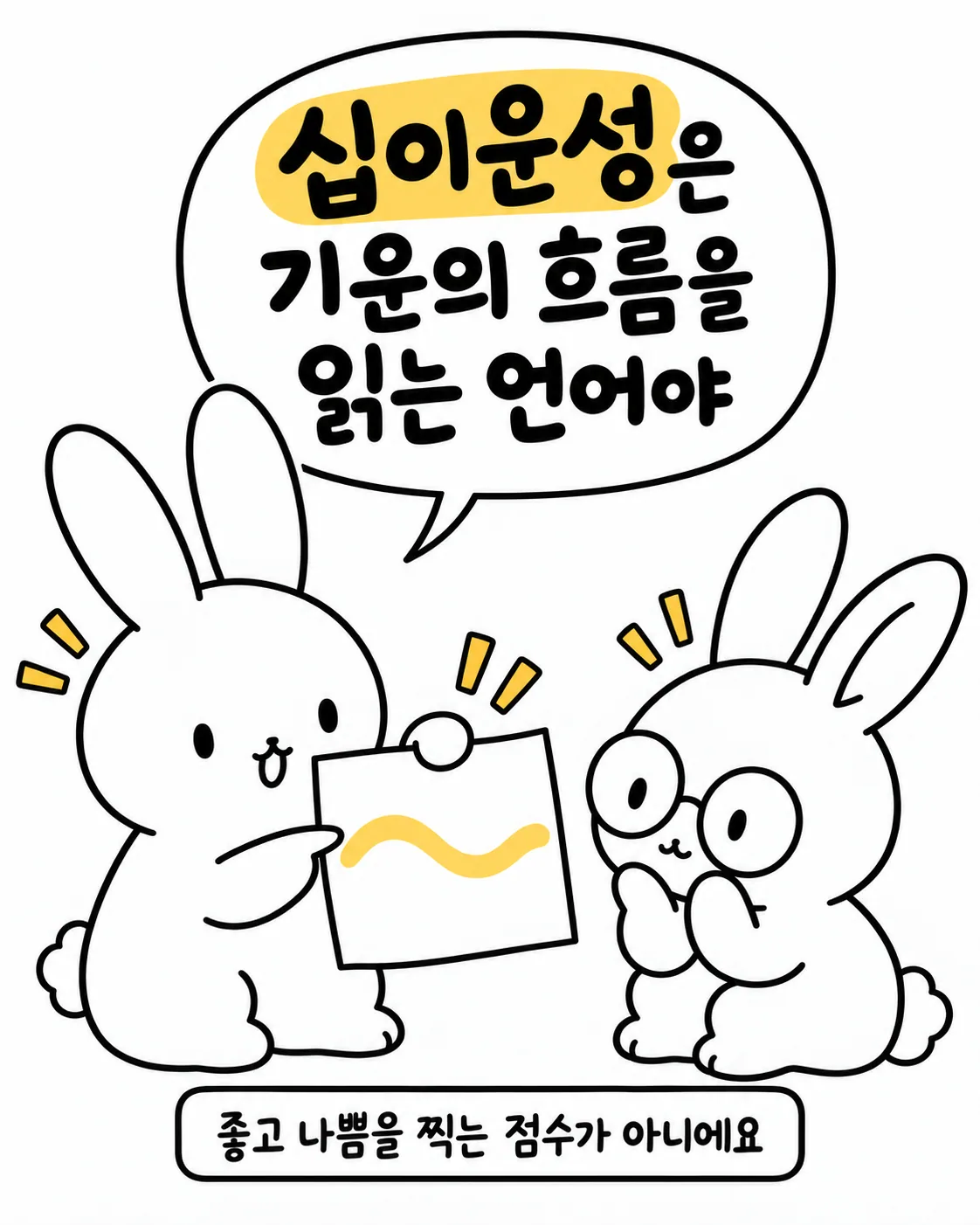종이에 그려진 곡선을 보며 십이운성이 기운의 흐름임을 설명하는 토끼
