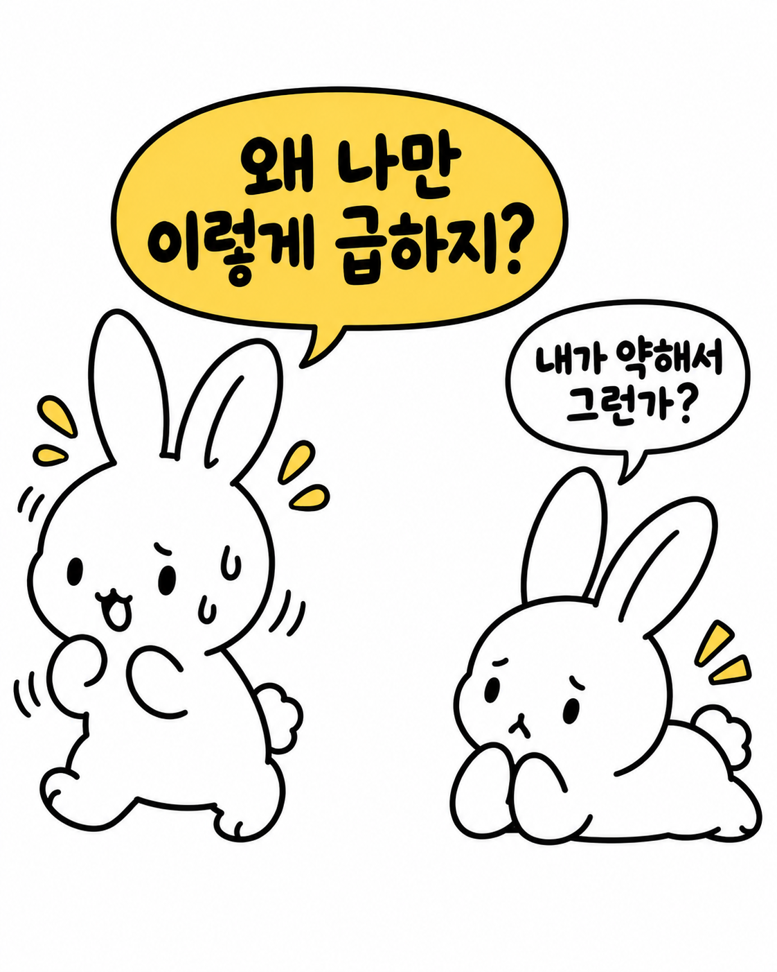 왜 나만 이렇게 급할까 고민하며 슬퍼하는 토끼들과 위로하는 토끼의 모습