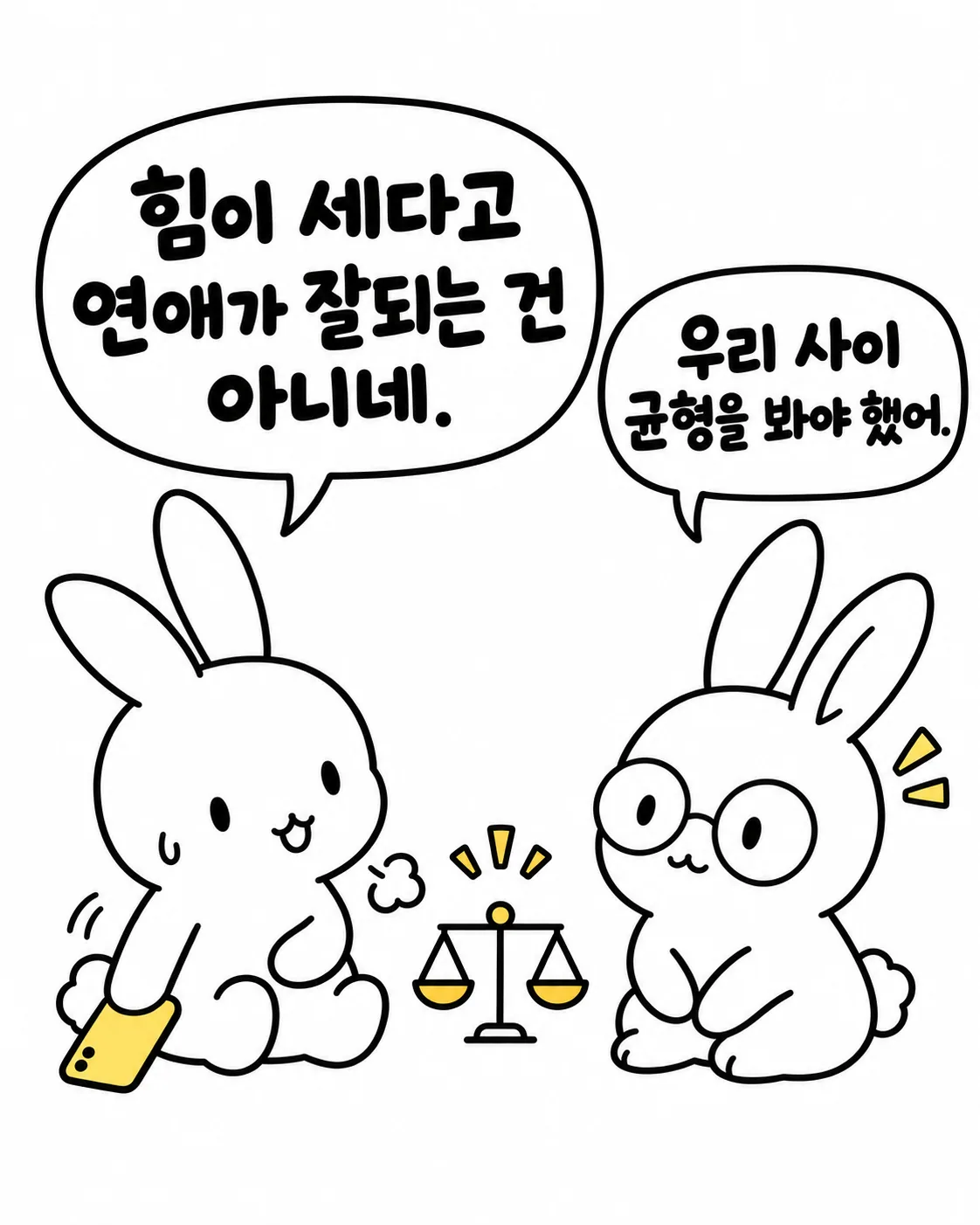 힘이 세다고 연애가 잘되는 게 아니라며 저울을 보며 균형을 고민하는 토끼들