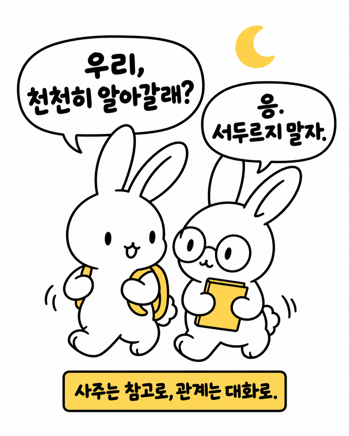 밤하늘 아래서 천천히 알아가자며 함께 걷는 두 토끼와 사주를 참고하라는 문구