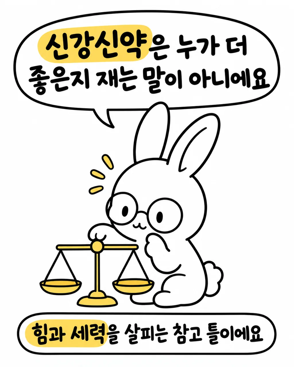 안경 쓴 토끼가 저울을 들고 신강신약은 누가 더 좋은지 재는 말이 아니에요라고 설명하는 모습