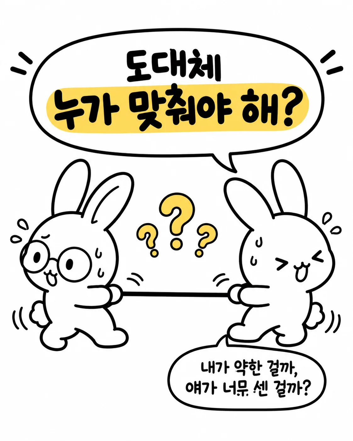 두 마리의 토끼가 줄을 잡고 누가 맞추냐며 고민하는 모습과 힘이 세다고 무조건 끌고 가는 것도 아니라는 설명