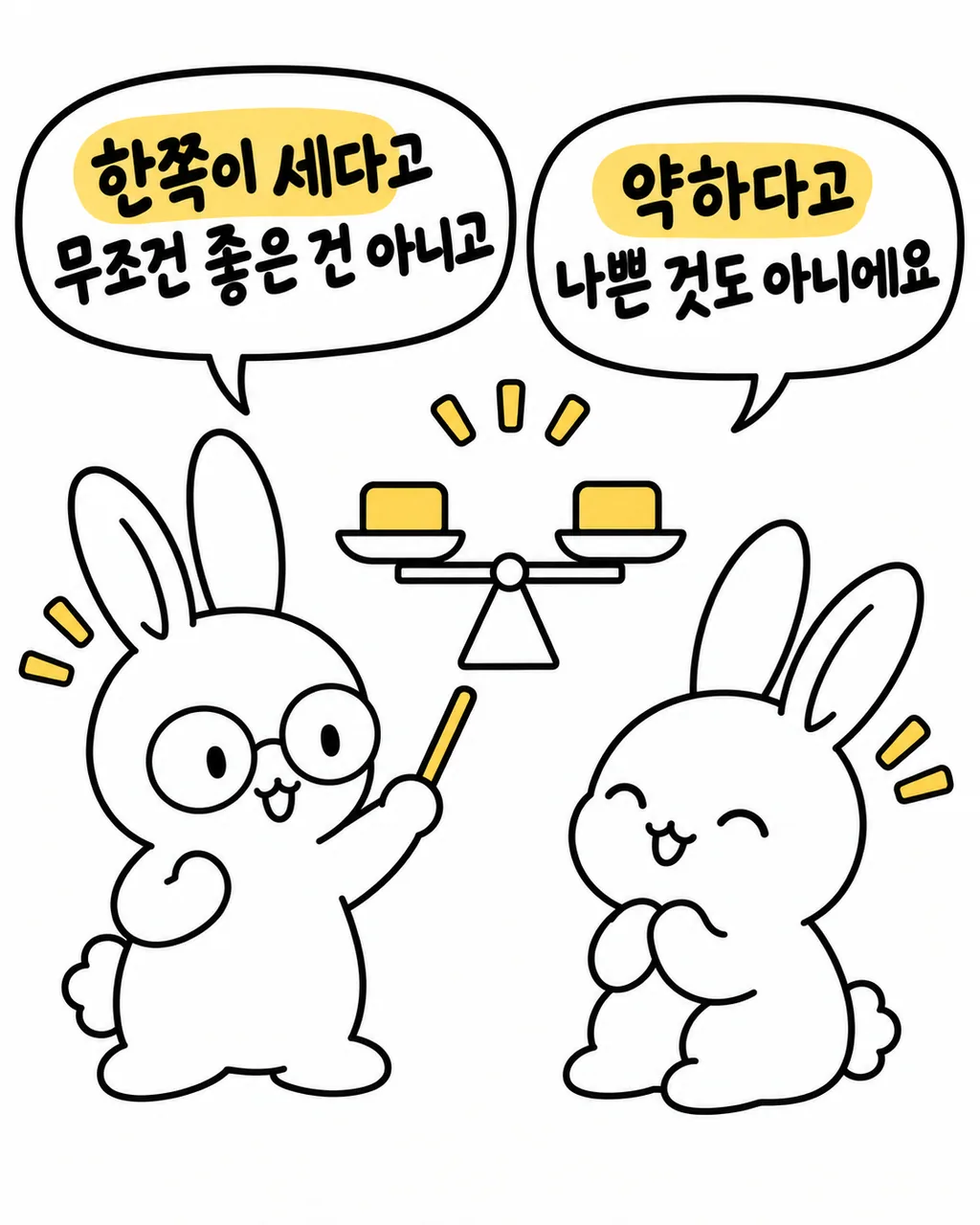 토끼 두 마리가 저울 위에 놓인 노란 블록을 보며 한쪽이 세다고 무조건 좋은 것은 아니라고 말하는 모습