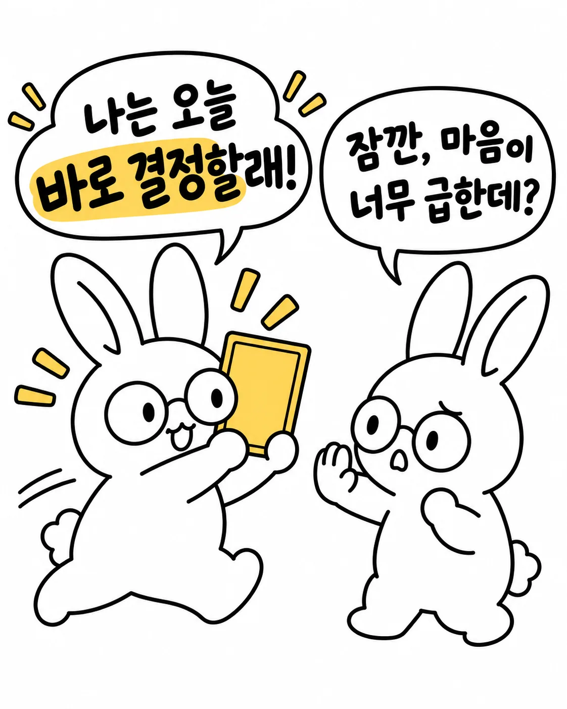 안경을 쓴 토끼가 노란 카드를 들고 급하게 결정하려 하자 다른 토끼가 마음이 너무 급하다고 말리는 모습