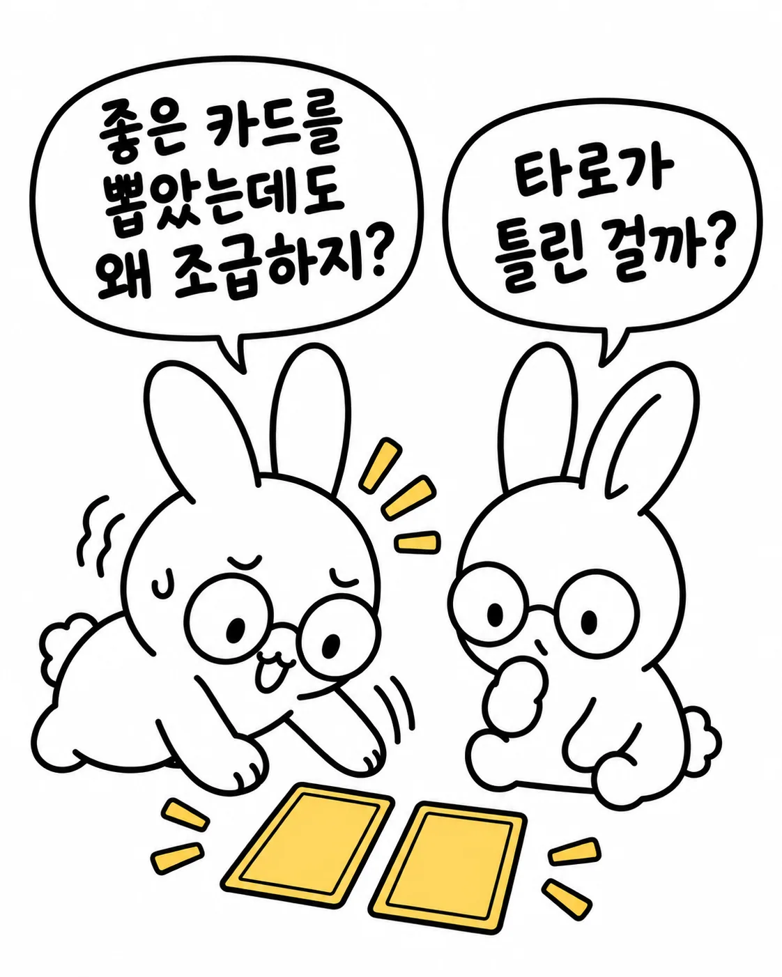 좋은 카드를 뽑았음에도 불안해하는 토끼와 타로가 틀린 건지 묻는 토끼