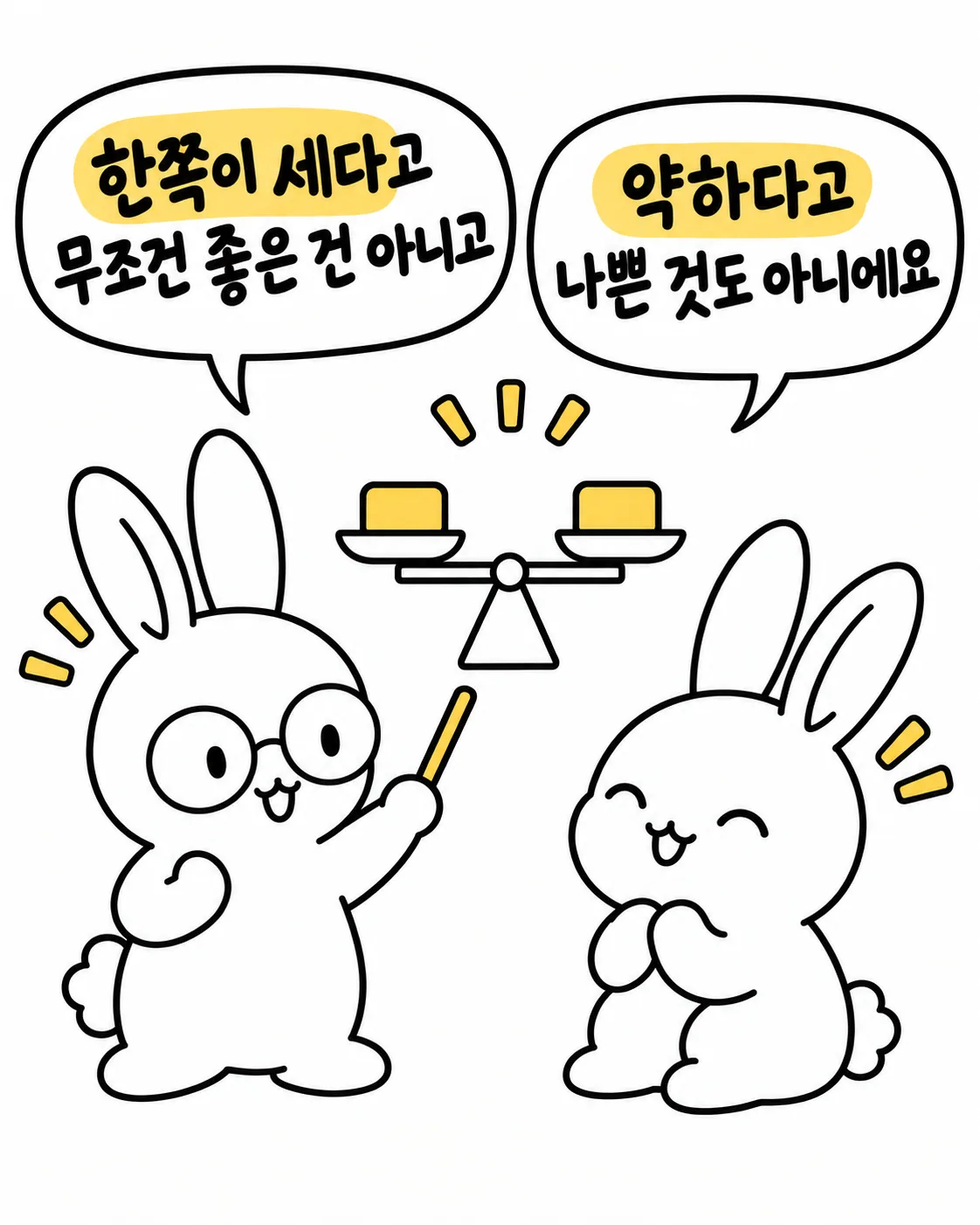 토끼 두 마리가 저울 위에 놓인 노란 블록을 보며 한쪽이 세다고 무조건 좋은 것은 아니라고 말하는 모습