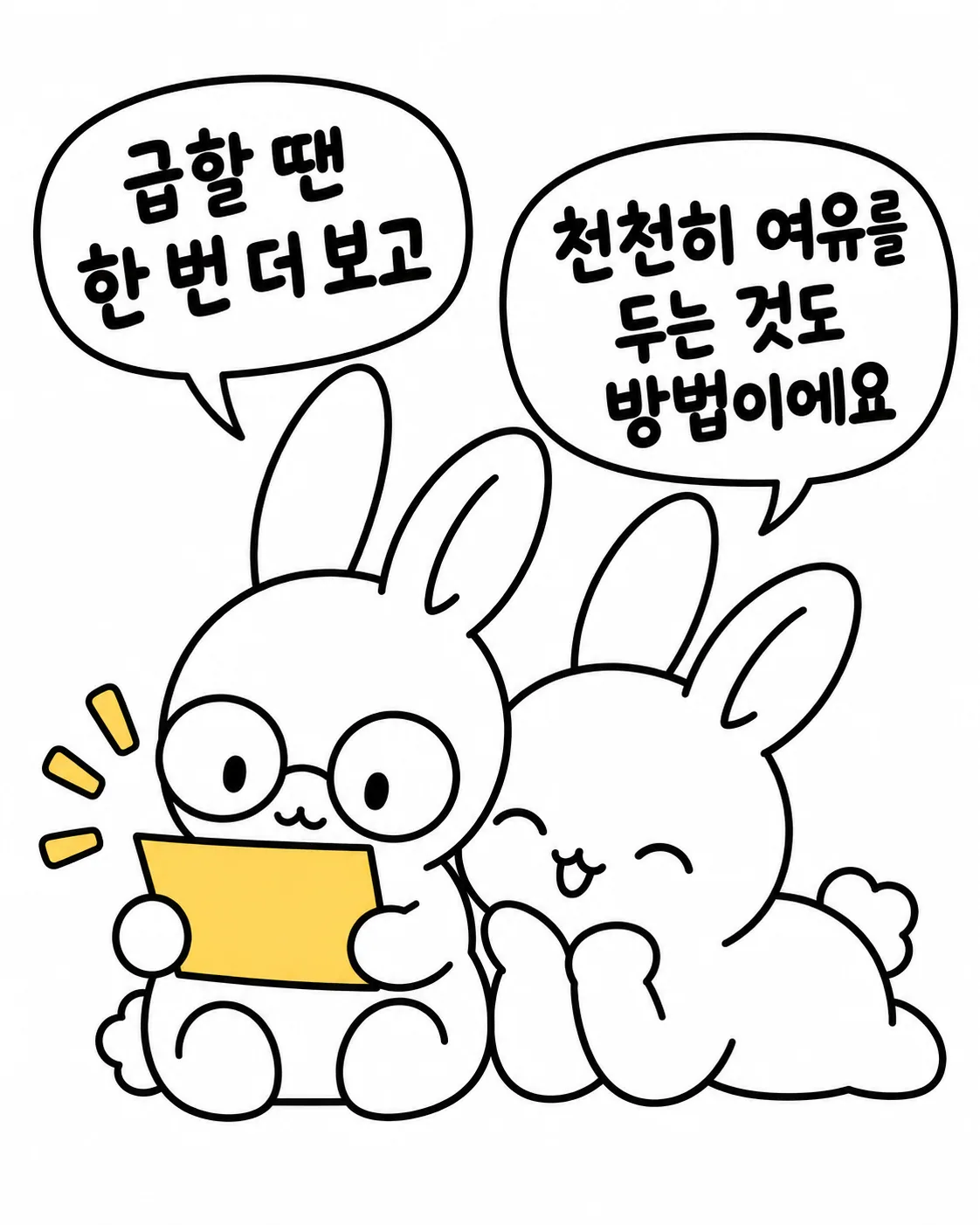 급할 때는 한번 더 보고 천천히 여유를 두는 것도 방법이라고 조언하는 토끼들