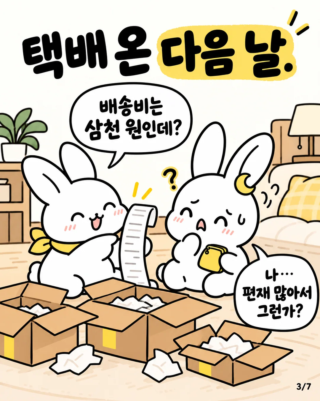 길게 늘어진 영수증을 들고 고민하는 토끼와 옆에서 의아해하는 또 다른 토끼
