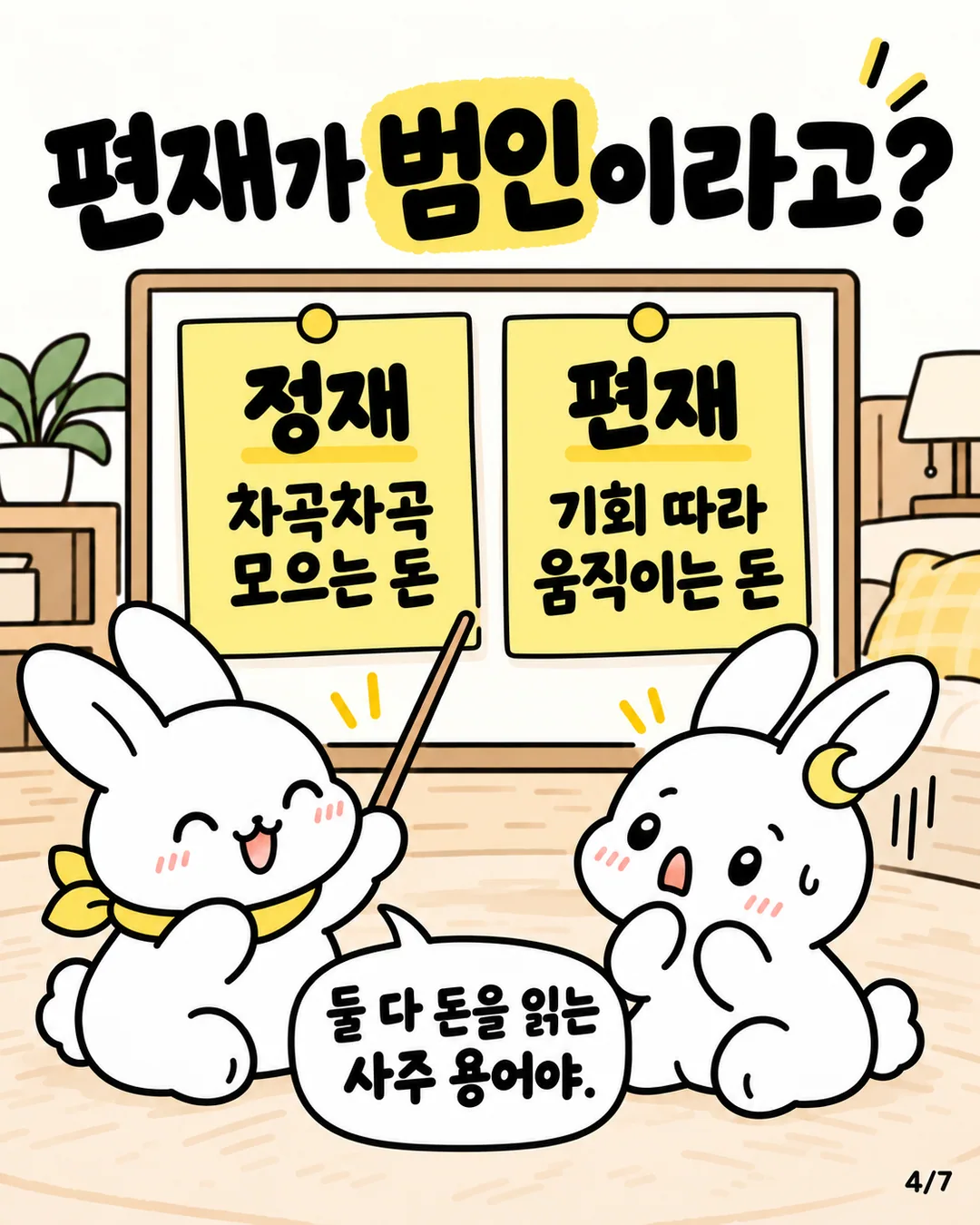정재와 편재의 차이를 화이트보드에 적어 토끼에게 설명하는 모습