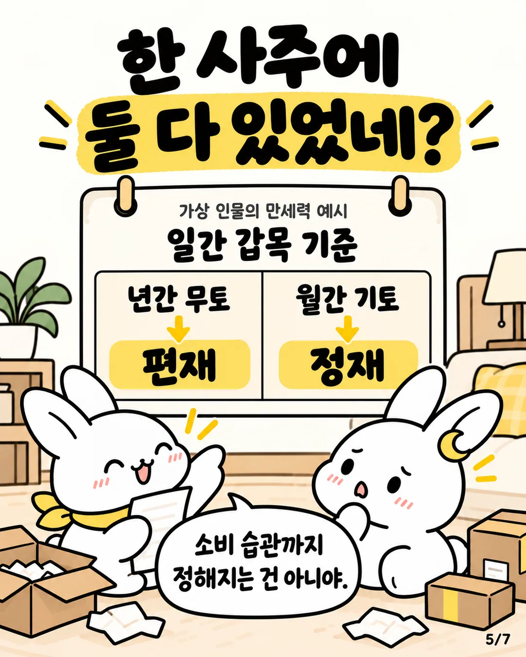 가상 인물의 만세력을 보며 소비 습관에 대해 대화하는 두 토끼
