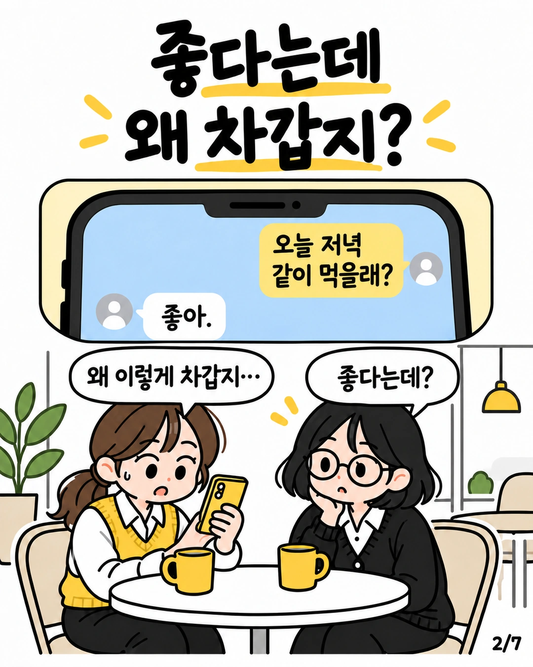 저녁을 같이 먹자는 제안과 좋아 답장을 보며 서로 다르게 받아들이는 민서와 지유