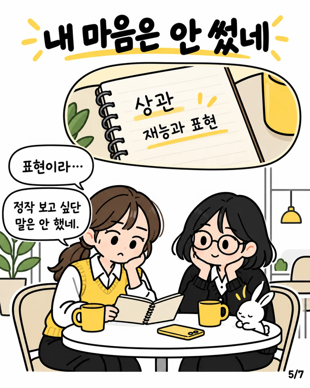 상관의 재능과 표현이라는 뜻을 읽고 보고 싶은 마음을 말하지 않았음을 깨닫는 민서, 작은 사토 카메오