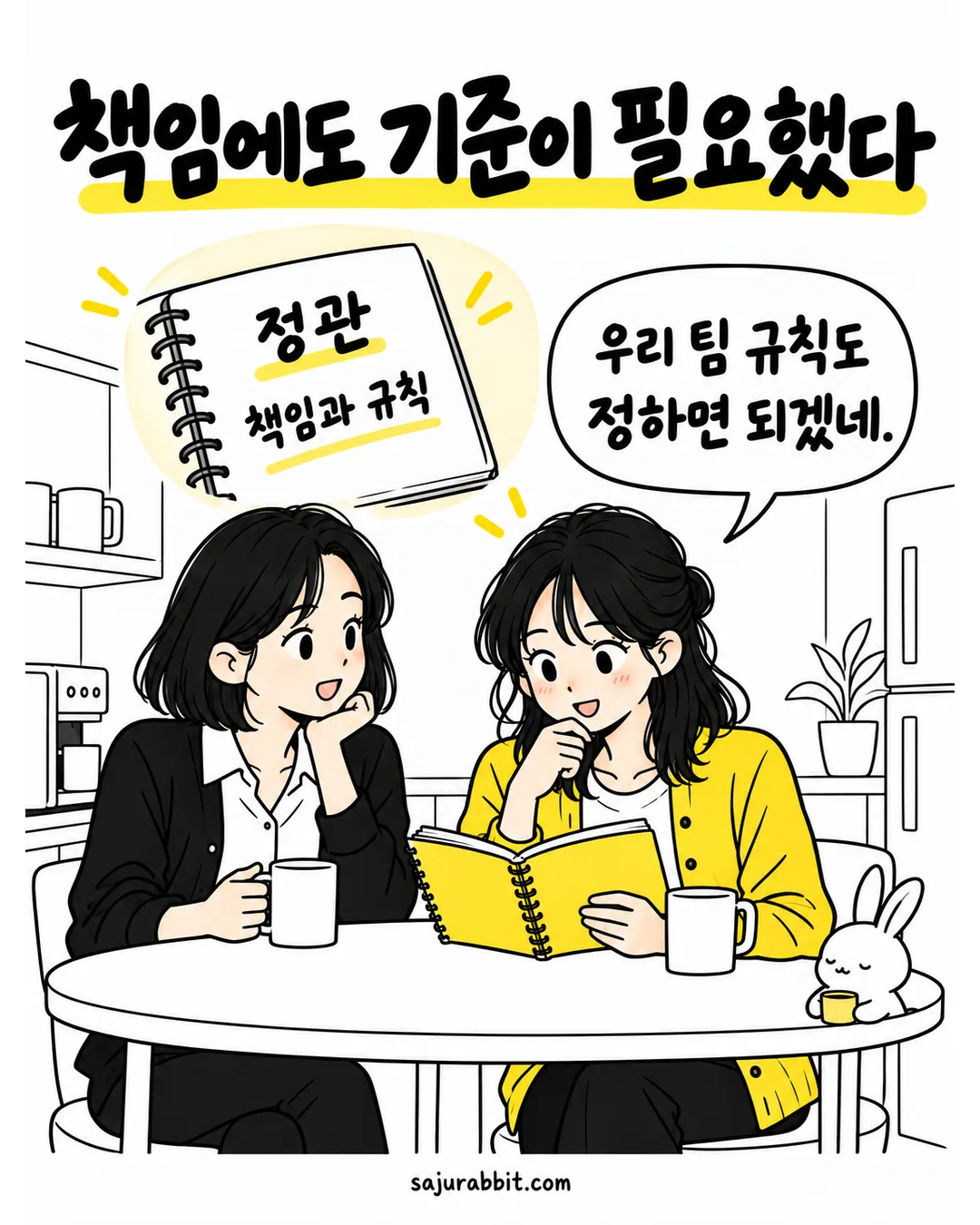 정관의 책임과 규칙이라는 뜻을 읽고 팀 업무 기준을 생각하는 서윤과 작은 조연 사토