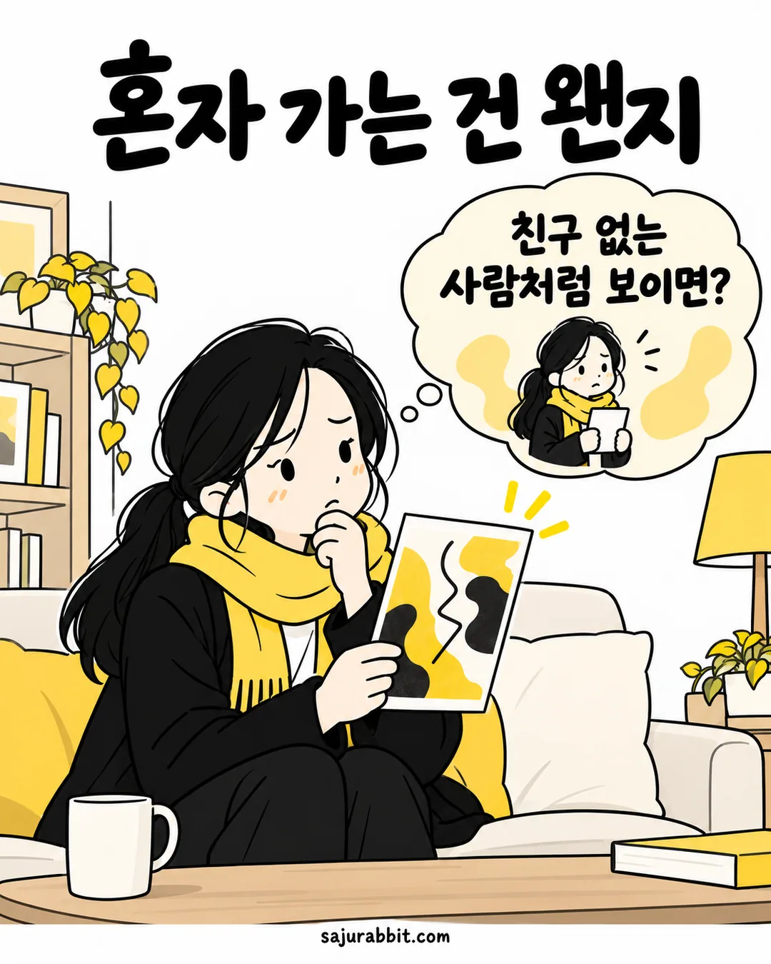 새 전시 전단을 보며 혼자 가면 남들이 어떻게 볼지 걱정하는 지수