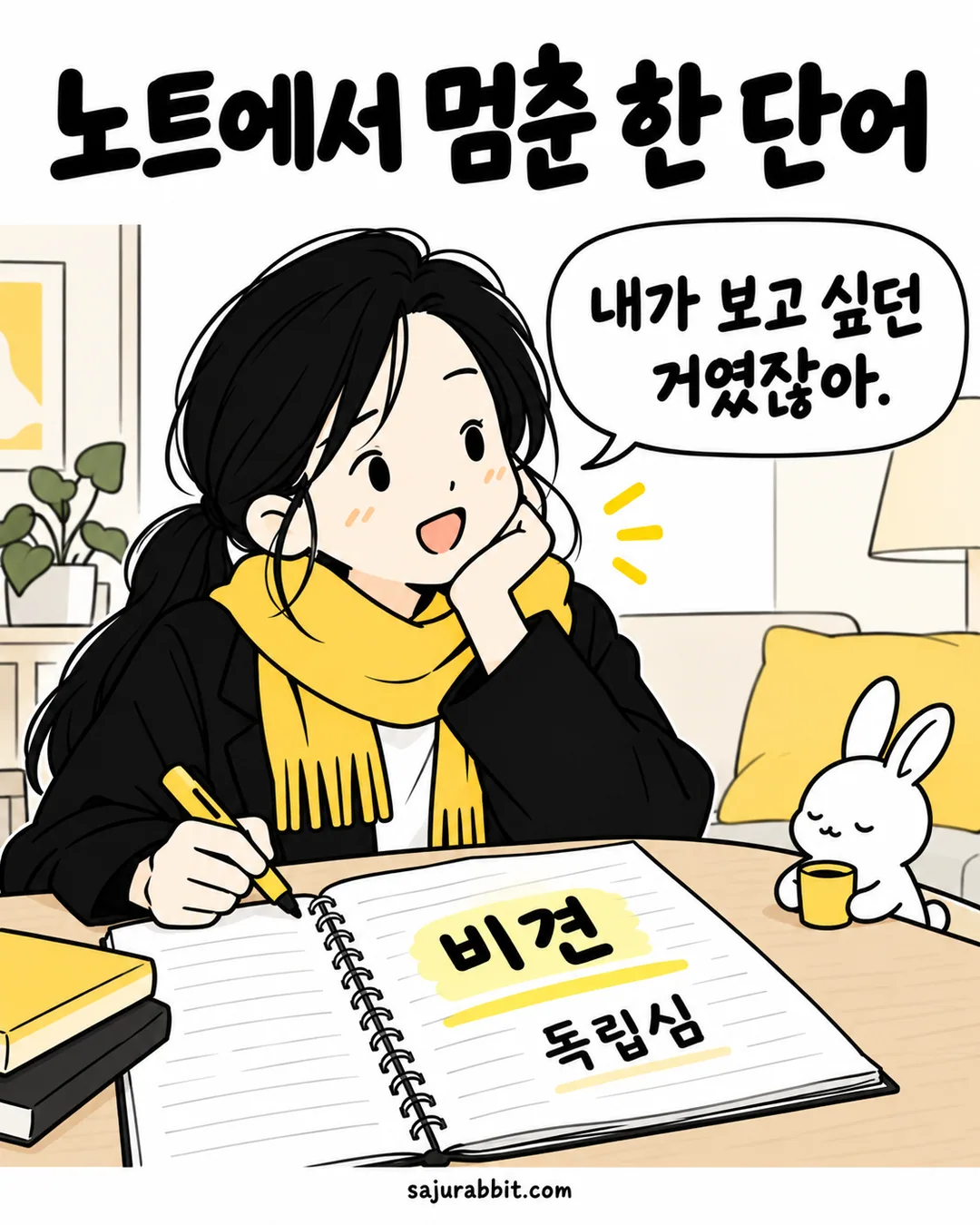 비견의 독립심이라는 뜻을 읽고 자신이 전시를 보고 싶었다는 마음을 떠올리는 지수와 작은 사토