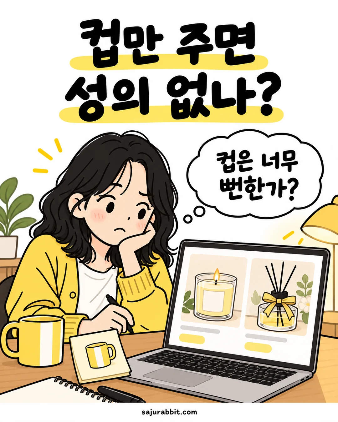 친구가 원하는 컵을 뻔하게 느끼며 다른 선물을 고민하는 수빈