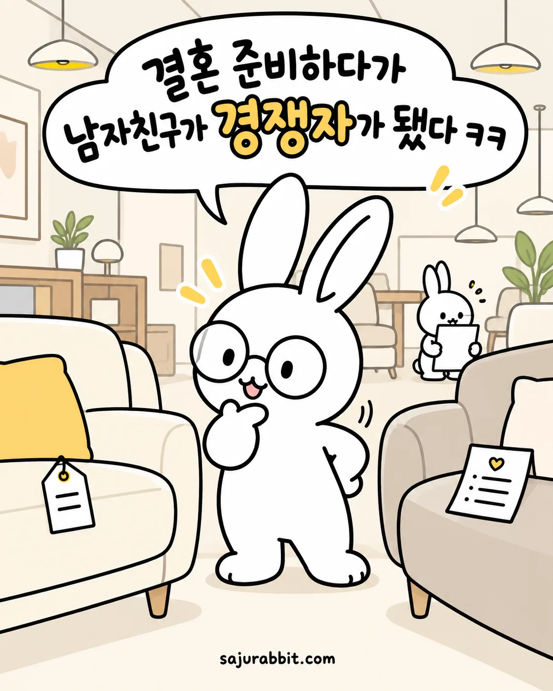 안경 쓴 토끼가 결혼 준비 중 남자친구와 경쟁하는 상황에 대해 생각하고 있다