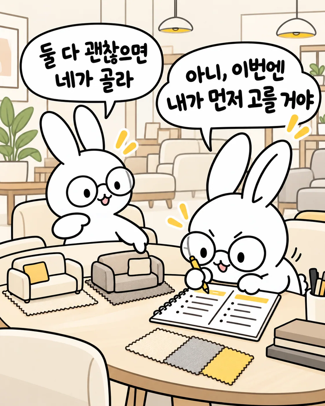 두 마리의 토끼가 테이블에 앉아 소파를 고르며 서로 먼저 고르겠다고 실랑이하는 모습