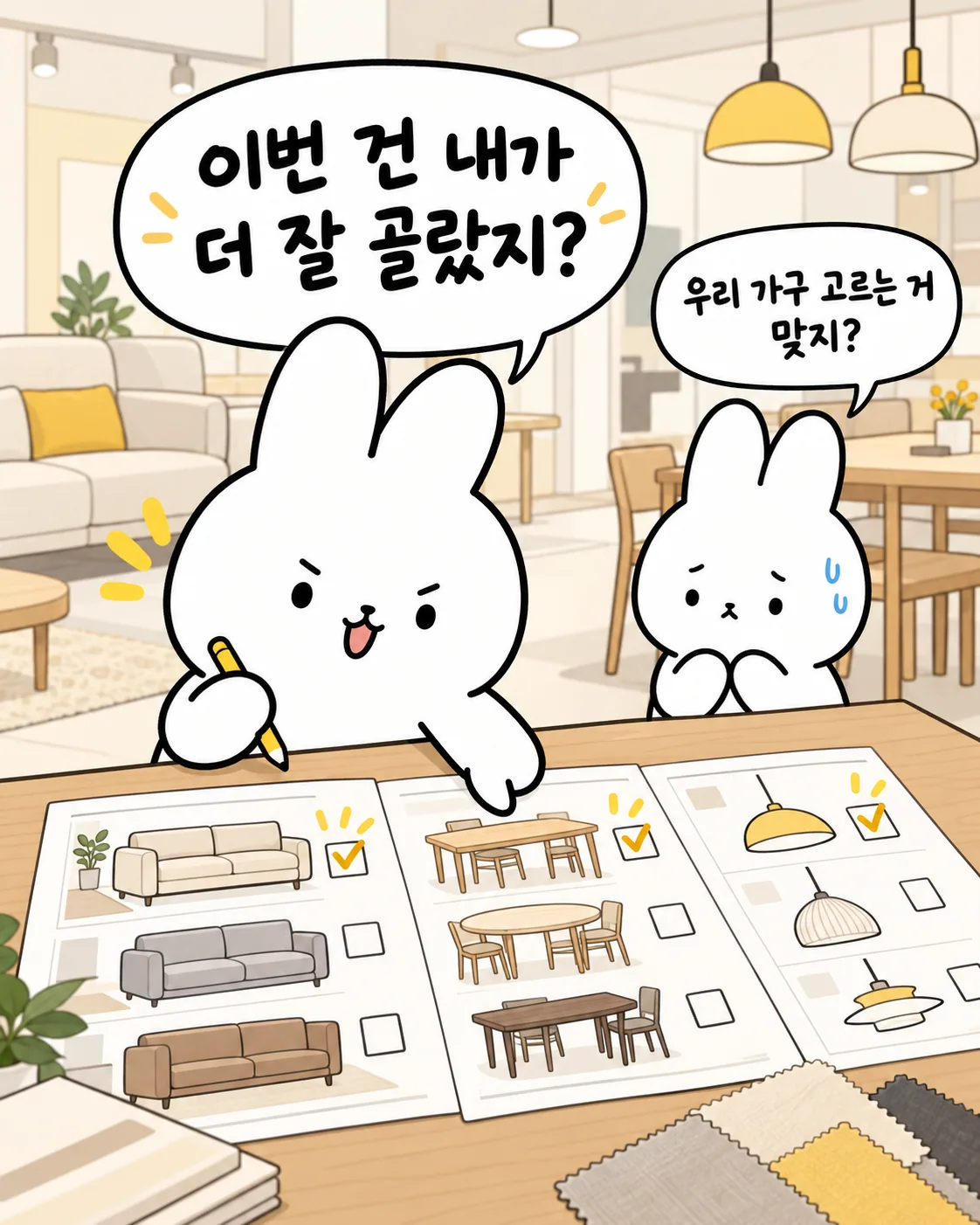 토끼가 소파와 식탁을 고르는 체크리스트를 보며 당황하고 고민하는 표정
