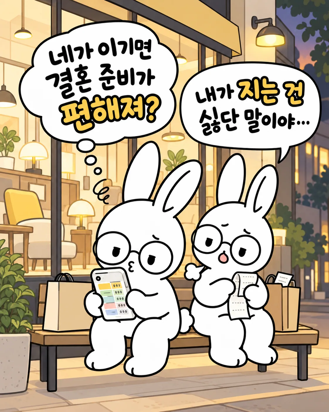 토끼 두 마리가 벤치에 앉아 핸드폰과 영수증을 보며 지기 싫어하는 대화를 나누는 모습