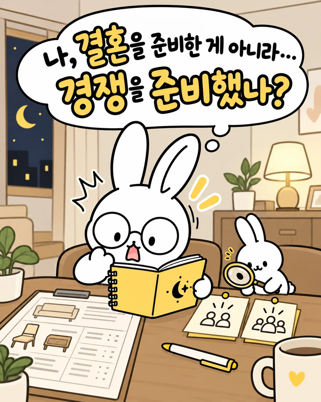 토끼가 돋보기로 문서를 살피고 다른 토끼가 노트를 읽으며 놀라는 표정