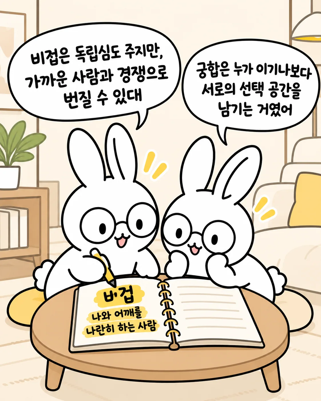 두 토끼가 비겁에 대해 적힌 노트를 보며 서로를 이해하는 표정