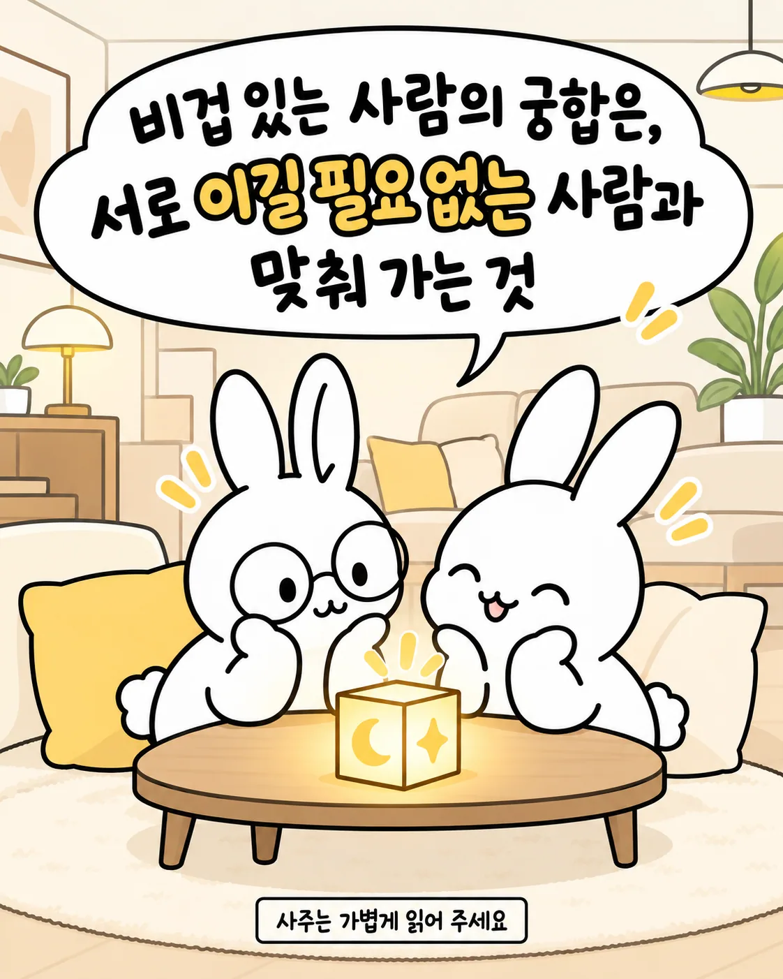 두 토끼가 테이블 위 빛나는 상자를 보며 다정하게 웃고 있는 모습