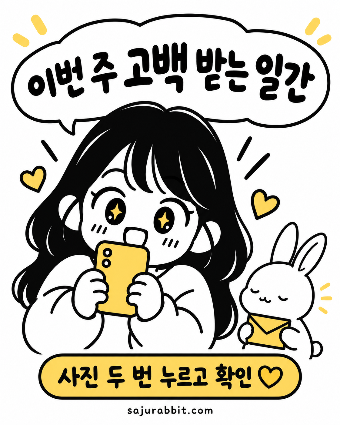 스마트폰을 든 소녀가 눈을 반짝이며 놀라는 표정을 짓고 옆에는 편지를 든 토끼가 있는 그림